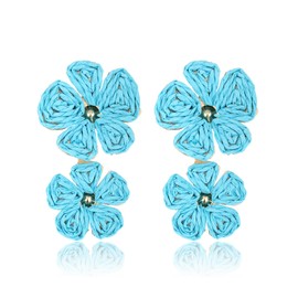RUOFFETA Raffia Flower Earrings, Raffia Straw Wrapped Flower Drop Dangle Earrings Summer Tropical Beach Jewelry(Sky Blue)