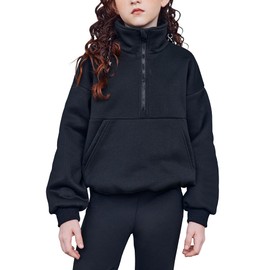 Arshiner Girls Half Zip Sweatshirt with Drawstring Hem Fleece Quarter Zip Pullover Sweatshirts Fall Clothes for Teen Girl Girl Black Sweatshirt Girls Sweatshirts Size 10-12