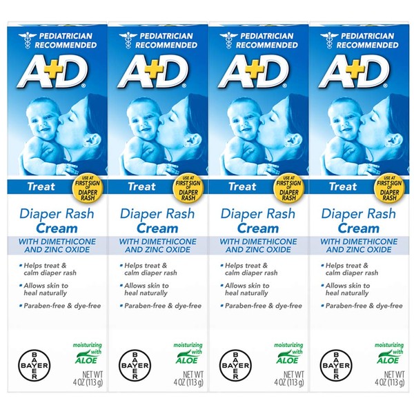 A+D Zinc Oxide Diaper Rash Treatment Cream, Dimenthicone 1%, Zinc Oxide 10%, Easy Spreading Baby Skin Care, 4 Ounce Tube (Pack of 4) (Packaging May Vary)