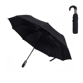 ThreeH Automatic Open and Close Umbrella 30% Plus Size Men's Business Umbrella Windproof Travel Compact 3 Compartment Umbrella with Curved Handle Imitation Wood KS24, a