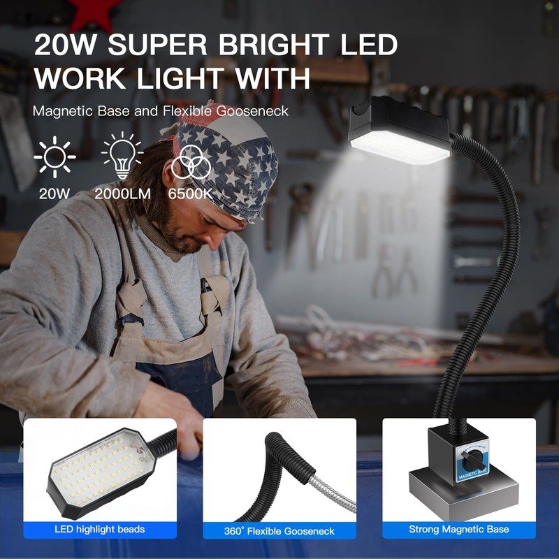 Kuoleopa 20W Magnetic Work Light, 2000LM 20in Flexible Gooseneck LED
