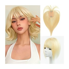 Daily-Wear 14in Light Blonde Topper - 360°3D Human Hair with Clip-In Bangs & Premium Silk Base, Ideal for Thinning Hair（14#613）
