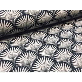 Floral Fan Fabric Geometric Damask Art Deco - Curtain Upholstery Home Decor - 140cm Wide - Black and Cream (1 METRE)