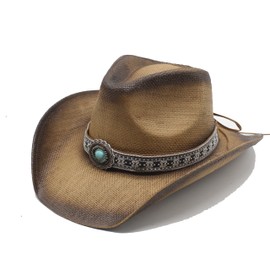 Wotfim Western Straw Cowboy Hat for Women Men Wide Brim Summer Sun Hat Classic Cowgirl Hat with Belt Buckle for Travel-Khaki-Brown