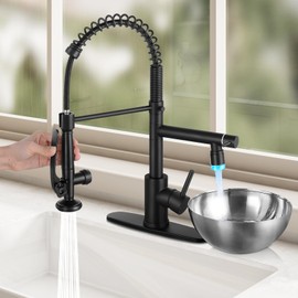 KZH Kitchen Faucet with Single Handle Kitchen Sink Faucet with Pull Down Sprayer Commercial Double-Headed Stainless Steel Kitchen Faucets Sink with LED Light, Deck Plate, Matte Black