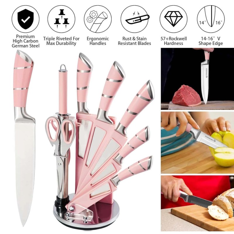 MDHAND Kitchen Knives Set with Block Sharpener 9Pcs Stainless Steel