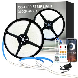 Yeewhale Cob LED Strip 15 m, App Control, with Remote Control, Flexible Dimmable COB LED Strip, DC24 V 6000 K White LED Strip, Applicable to Bedroom, Room, DIY Decoration