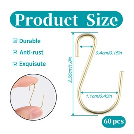 Mozeat Lens 60 PCS S Hooks for Hanging 1 Inch Metal Hanging Hooks Mini Hook S Shaped Iron Wire Hook Hanger for Hang Jewelry Small Kitchenware Potted Plants, Gold
