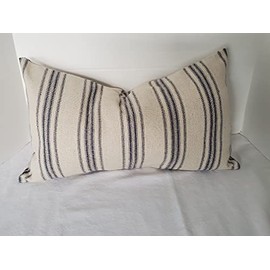 Pillow Cover Grain Sack Blue and Natural Stripe Handmade