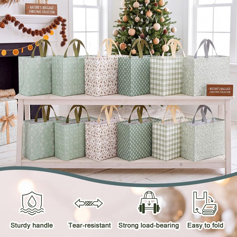 12 Pcs Sage Green Extra Large Christmas Gift Bags Bulk