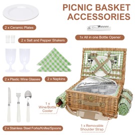 Picnic Basket for 2, Insulated Willow Picnic Baskets with Shoulder Strap, Picnic Hamper with Waterproof Picnic Blanket, Handmade Wicker Hamper for Outdoor Camping, Green Check