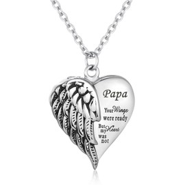 Loybora - Collar de urna de cremación con corazón y cenizas humanas, joyería para mujeres y hombres, grabado con texto en inglés «Your Wings were Ready but My Heart was Not Angel Wings Memorial»,