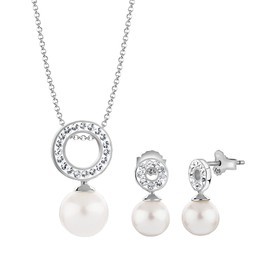 Nenalina Women's Jewellery Set with Pearls, Necklace with Pendant and Earrings Made of Shell Pearls and Crystals, Women's Necklace and Earring Set for Women, 925 Silver, Length 45 cm Silver