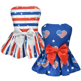 Vehomy 2-Pack 4th of July Dog Dresse American Flag Pattern Puppy Dress with Bow Independence Day Dog Skirt Stars & Stripes Dog Pet Holiday Outfit Apparel Clothes for Small Medium Dogs Cats S