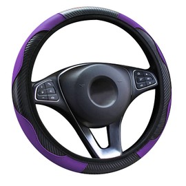 LMYDIDO Car Steering Wheel Cover Leather, Anti-slip Breathable Carbon Fiber Sports Elastic Band Without Inner Ring Steering Wheel Cover Universal Size 37-39cm /14.5-15inch (Purple)