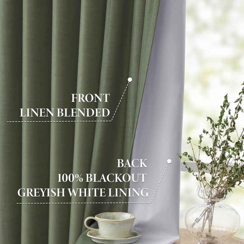 MYSKY HOME Olive Green Linen Pinch Pleated 100% Blackout Curtains
