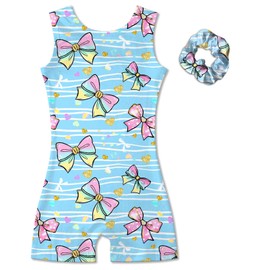 Vogseek Leotards for Girls Gymnastics Outfits Kids Unitards Biketards with Scrunchie Size 5-6T,BLue Bowknot