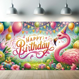Pink Flamingo Birthday Party Backdrop Happy Birthday Banner Summer Tropical Flowers Hawaiian Birthday Photography Background for Luau Aloha Birthday Party Photo Props Booth Supplies 71 x 43 Inch