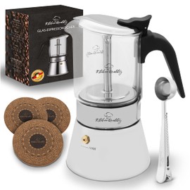 KitchenQuality Espressokocher | Hochwertiger Kaffeekocher aus Edelstahl und Borosilikatglas | Für alle Herdarten | Inkl. Portionierlöffel & Untersetzer