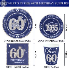 algpty 60th Birthday Decorations Blue and Silver, Service for 30, Vintage 60th Birthday Party Supplies Includes Blue and Silver 1965 Plates, Napkins,Cups 60th Birthday Plates and Napkins for Men Women