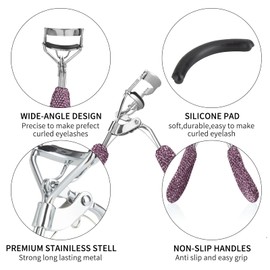 Bling Rhinestone Eyelash Curlers Stainless Steel Natural and Long Lasting Eyelash Fit for All Eye Shape Curved Lash Curler (Purple)