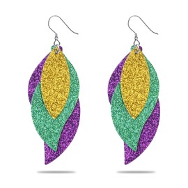DAYANEY Mardi Gras Earrings, Carnival Leaf Shape Earrings for Women, Dainty Colorful Layered Earrings Purple Prom Dresses Outfits for Fat Tuesday Celebration Carnival Teardrop Jewelry Holiday Gifts