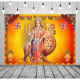 BELECO 8x6ft Fabric Indian God Backdrop Goddess Sheran Wali MATA Rani MATA Ji Seated on a Tiger, Hindu God Background India Pooja Theme Party Decorations Banner Portrait Photoshoot Studio Props