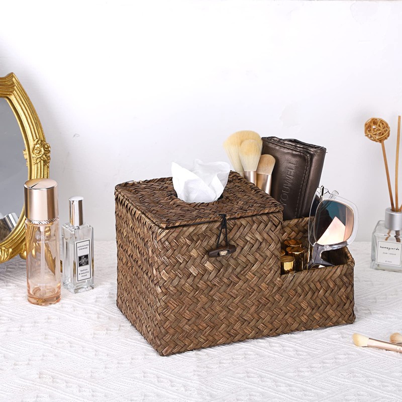 BTSKY Household Seagrass Facial Tissue Box With Two Side Storage