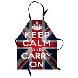 Ambesonne Union Jack Apron, Keep Calm and Cary on Words Crown United Kingdom Britain Flag, Unisex Kitchen Bib with Adjustable Neck for Cooking Gardening, Adult Size, Red Navy
