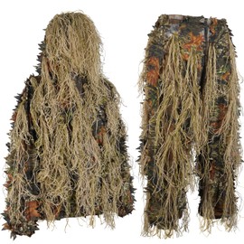 EAmber Ghillie Suit Gilly Hunting Suits Pants 3D Leaf Camo Camouflage Coveralls Youth Adult Lightweight Clothes for (Tree Leafy Forest, Height 4.9-5.9 Ft)