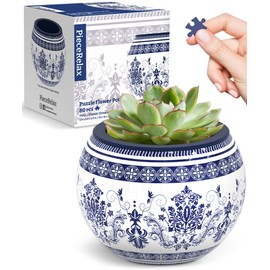 PieceRelax 3D Puzzle Planter - Classic Ornamental Style - Small Round Plant Pots with Drainage, Home Decor Flower Pots for Indoor Cactus, Succulents Pots [K1103]