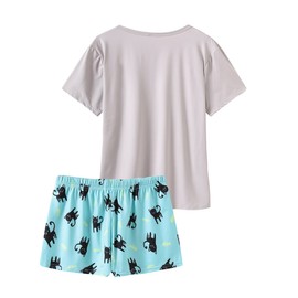 VENTELAN Pajamas for Women 2 Piece Cute Cat Sleepwear Pajama Sleep Set, Grey, Large(USA Size:12-14)