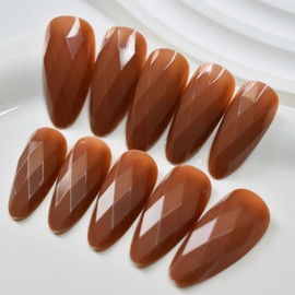 Press on Nails Medium Almond Fake Nails with Rhombus Shape Nude Brown Designs Full Cover Stick on Nail for Women Manicure Decor 24 Pcs (P-3, M-3)
