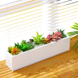 FillTouch 1 Pcs Long Rectangular Planter Box Window Sill Plant Box Metal Water Trough Indoor Large Modern Steel with Drainage Holes Herb Garden Home (16.1 x 3.2 x 3.5 Inch,White)