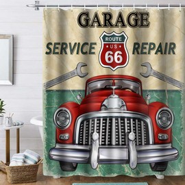 TPMDFC Cars Shower Curtain, 72x72 inch Polyester, Vintage Car Stall Route 66 Bathroom Shower Curtains, Retro Garage Repair Shop Bathroom Bathtubs Decor Set with 12 Hooks YLOKTP0236