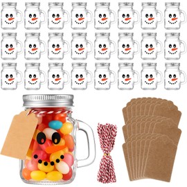 Mimorou 24 Pack 4oz Snowman Mini Mason Jar Mugs with Handle Drinking Glasses Cups with Lids Wooden Spoons, Kraft Tags for Christmas Party Favors, Gifts, DIY Treats