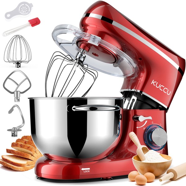 KUCCU Stand Food Mixer, 6.5 Qt 660W, 6-Speed Tilt-Head , Kitchen Electric Mixer with Stainless Steel Bowl,Dough Hook,Whisk, Beater, Egg white separator (6.5-QT, Red)