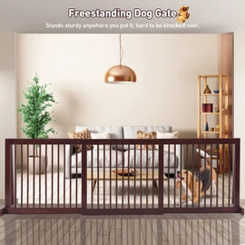 HAPPAWS Freestanding Dog Gate, 28-81 Inch Folding Expandable Indoor Puppy Fence w/Widening Feet, Extra Wide Pet Gates, Wood Barrier, Step Over Dog Door for The House, Doorways, Stairs