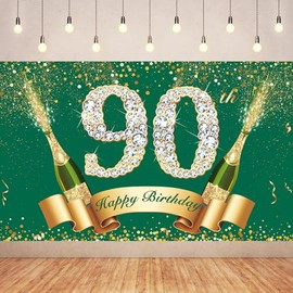 6x3.6FT Green Gold 90TH Birthday Banner Party Decorations, Green Gold 90TH Happy Birthday Backdrop Decorations for Party Decorations Supplies.