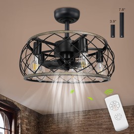 BDL Enclosed Ceiling Fan Round Adjustable Download Wind 3 Speeds Timing Remote Control Industrial Metal Flush Replaceable Bulbs Low Profile Bedroom Living Room (Brushed Wood Black)