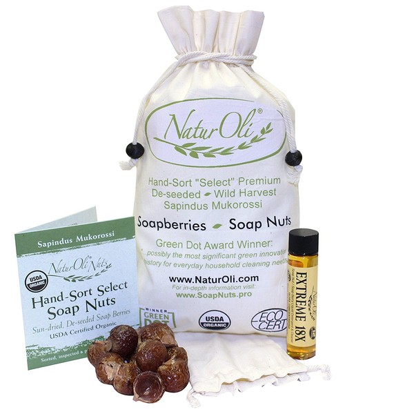 NaturOli Soap Nuts/Soap Berries - 1-Lbs organic (240 loads) + 18X Travel Bottle! Select Seedless - 1 Wash Bag, 8-pg info, Tote Bag. Organic Laundry Soap