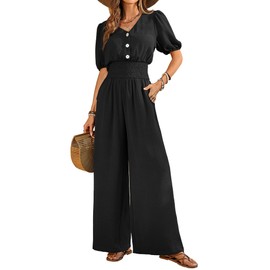 LOOKBOHO Womens Jumpsuits Short Sleeve V Neck Dressy Casual Wide Leg Pants Romper 2025 Summer One Piece Outfits