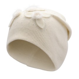 ZLYC Women Floral Slouchy Beanie Hat Double Layer Winter Knit Skull Cap, Three Small Pom Flowers White