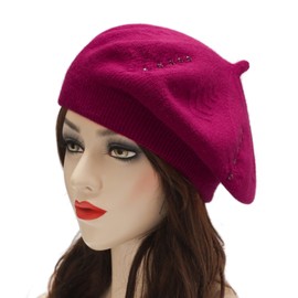 ZLYC Women's Beret Classic French Beret Plain Warm Beret, rhinestones raspberry