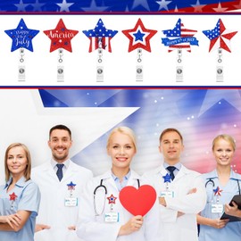 Zhanmai 6 Pcs Holiday Badge Reels for Nurse Retractable Badge Reels with Clip Decorative Holiday Badge Holder ID Name Badge Clips for Nurse Doctor Teacher Office Worker(4th of July Star)