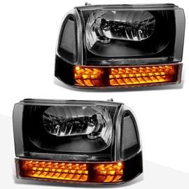 PM PERFORMOTOR Black Housing Clear Corner Headlights With LED DRL Compatible with 00-04 Excursion F250 F350 SD, PMHL-FSUP-9904-4P-L-BC