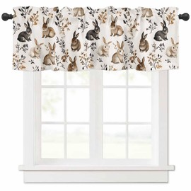 PANJINEXT Easter Rabbits Kitchen Valances for Window, Brown Rabbits and Flowers Rod Pocket Curtains, Vintage Idyllic Window Treatment Valance Drapes for Living Room Bedroom,54x18in