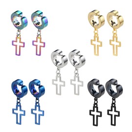 Hinvan Clip On Earrings for Men Women Boys Girls Kids 5 Pairs Set, Stainless Steel Fake Non Piercing Hoop Earrings Men Women Dangle, Cross Earrings for Women Men Non Pierced Earrings Magnetic Earrings