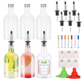 12 Sets Plastic Long Neck Bottles 16 oz Syrup Bottles with Liquor Pour Spout and Caps Juice Pour Bottles with Stainless Steel Bottle Pourer for Liquor Juice Store Syrup, Bar, Party