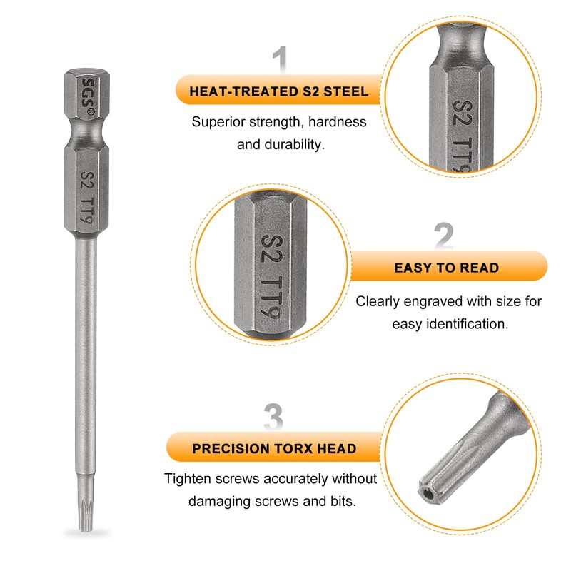 HARFINGTON 3pcs TT9 Security Torx Head Screwdriver Bit 3" (75mm)